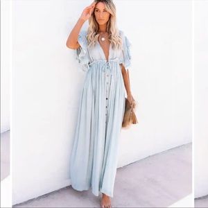 ANIKA POCKETED BUTTON DOWN RUFFLE MAXI DRESS - WATERLILY  -NWT